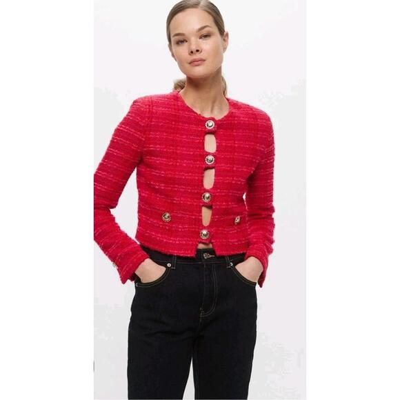 PINKO Rare Cropped Tweed Jacket US4/IT40/FR36 Fuchsia Cutouts Snap Buttons #A